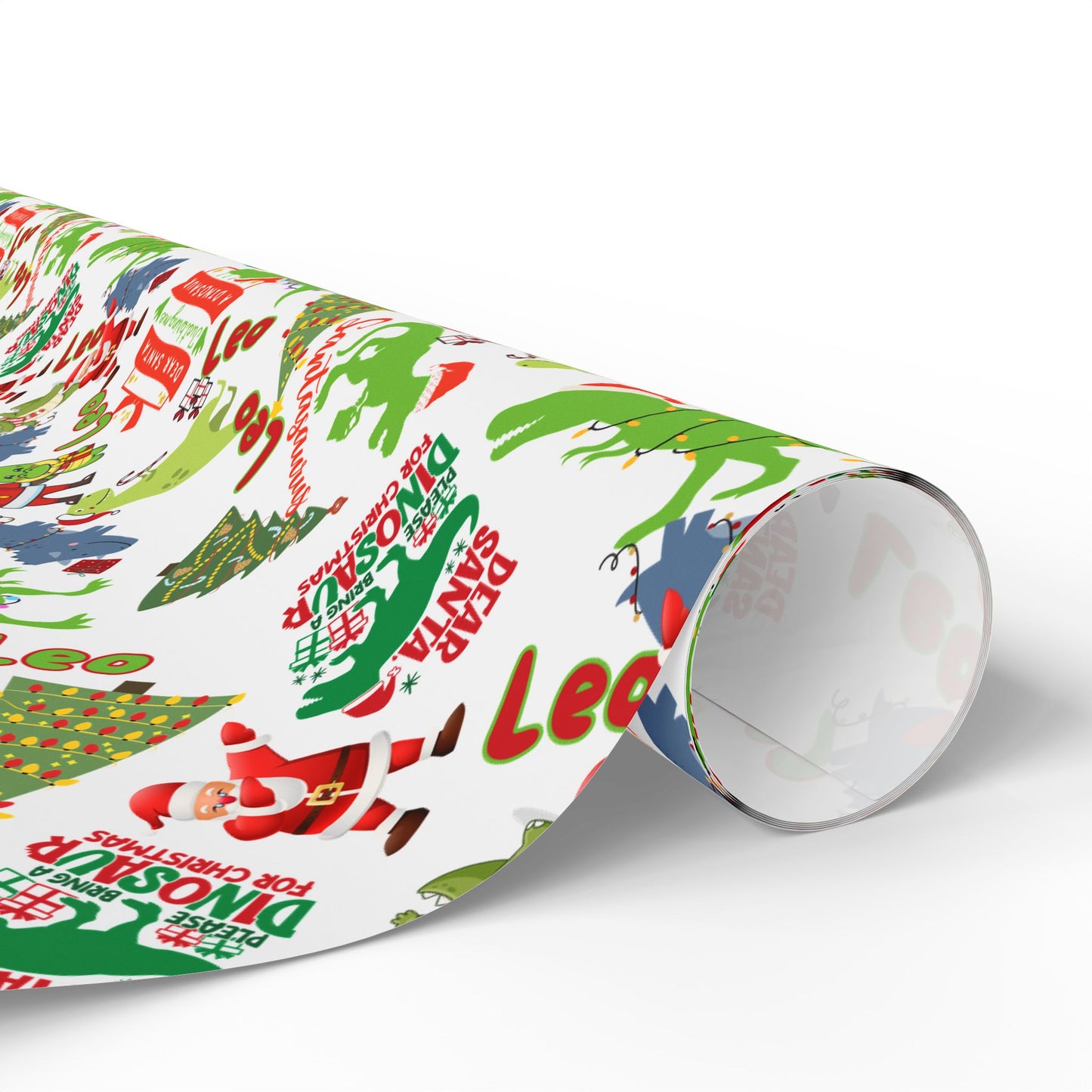 Dinosaur Santa Themed Custom Name Wrapping Paper (Leo)
