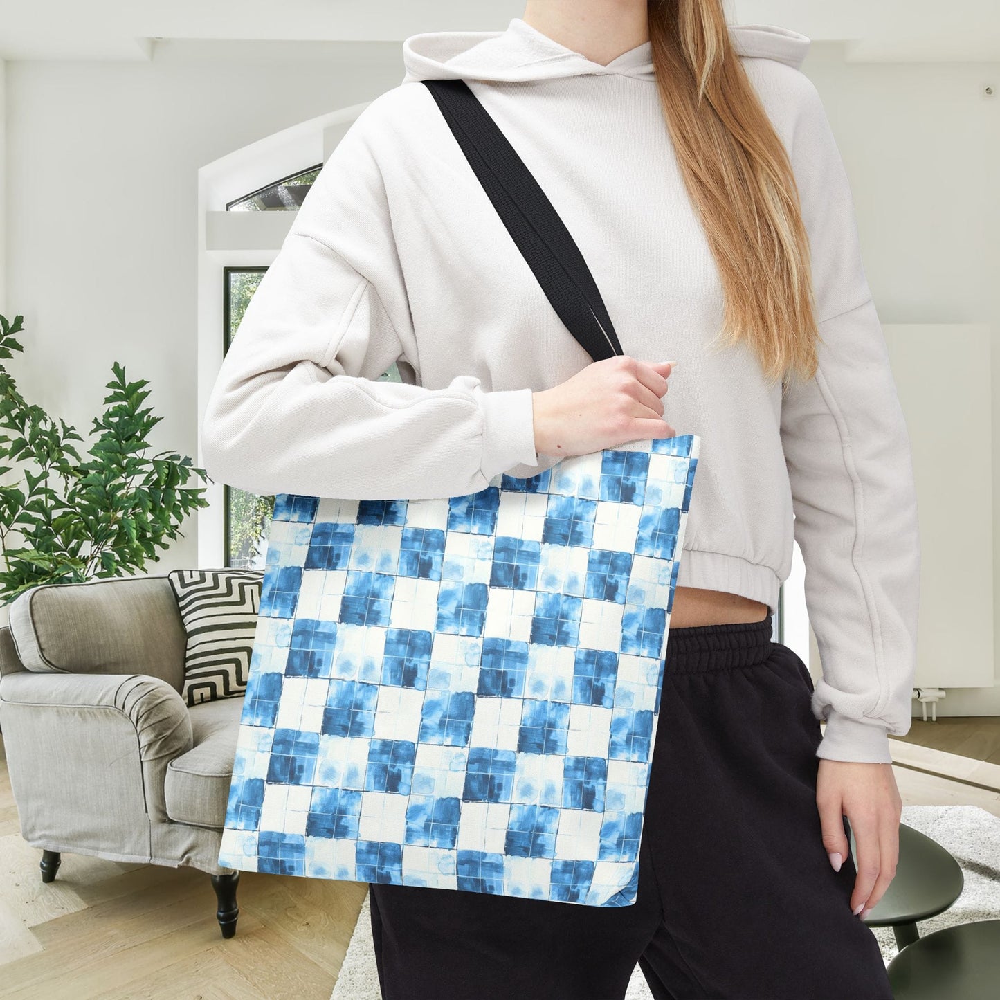 Cozy Blue Checkered Canvas Tote Bag