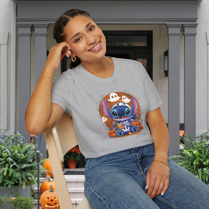 Halloween Skeleton Stitch w/Ghosts & Pumpkins Adult T-shirt