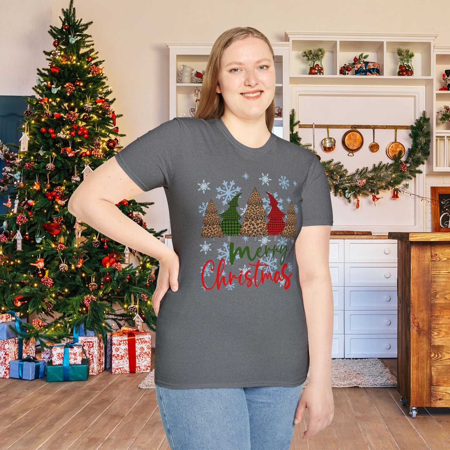 Checkered Print Trees Merry Christmas Adult T-shirt