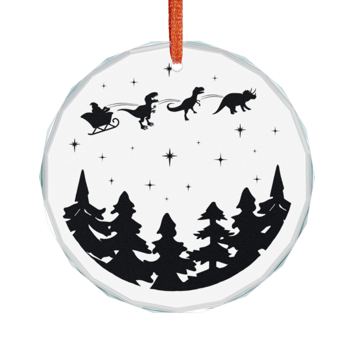 Santa Sleigh with Dinosaurs Silhouette Glass Ornament
