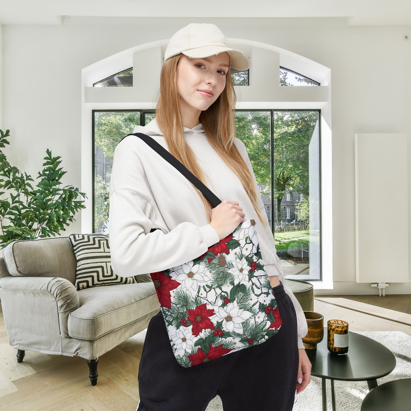Winter Poinsettia Garden Canvas Tote Bag