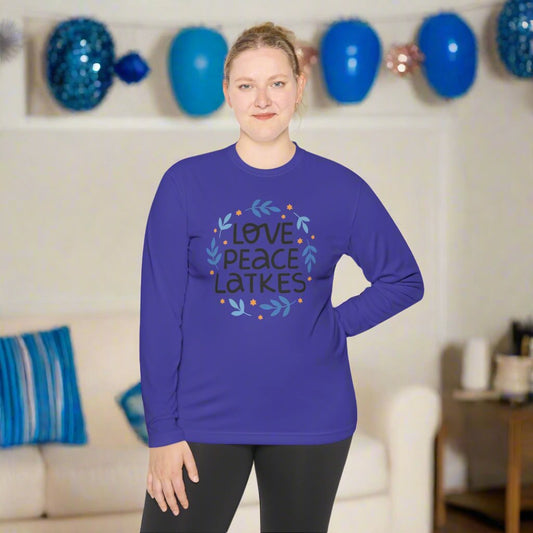 Hanukkah Love Peace Latkes Adult Long Sleeve Tee