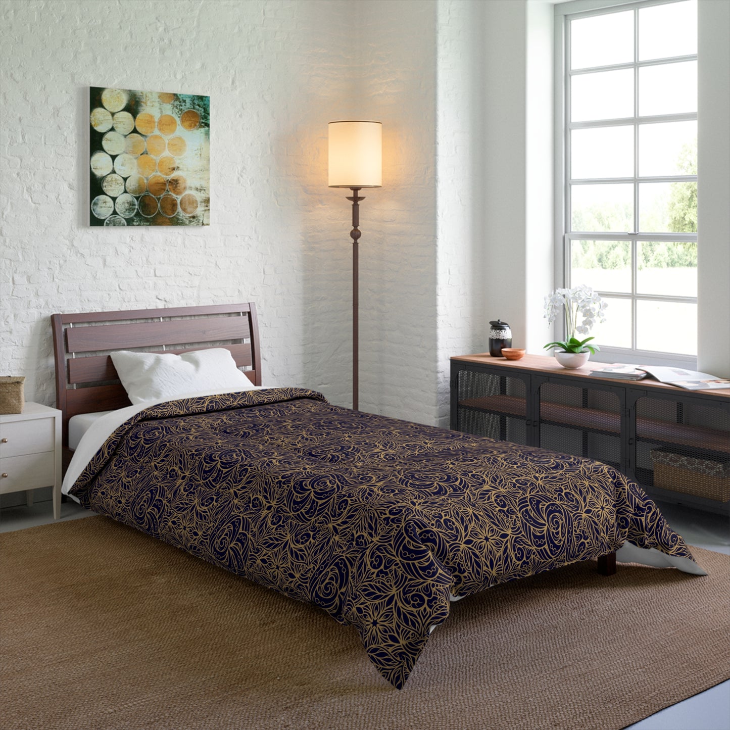 Oriental Blue/Gold Floral Basic Bedding Set