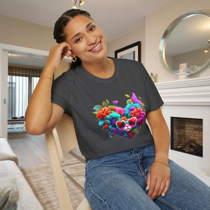 Colorful Flowers/Heart Kitten Adult T-shirt
