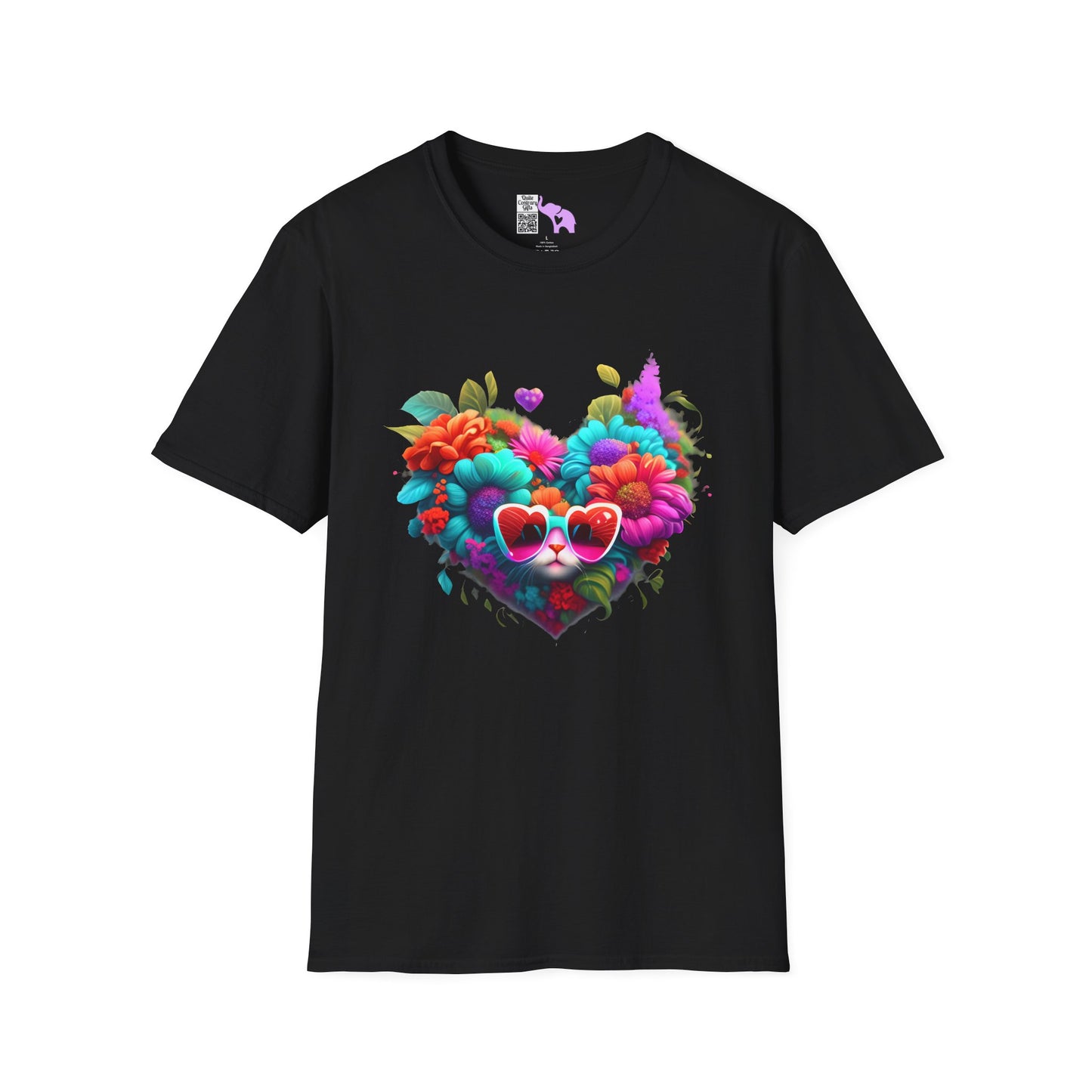 Colorful Flowers/Heart Kitten Adult T-shirt