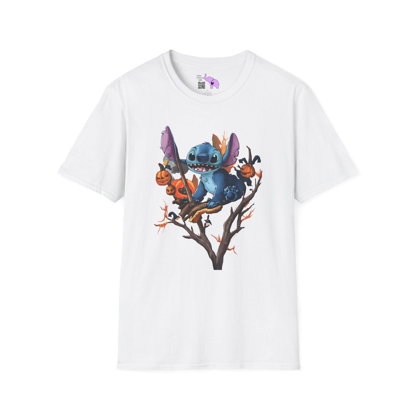 Halloween Stitch in Tree w/Pumpkins Adult T-shirt