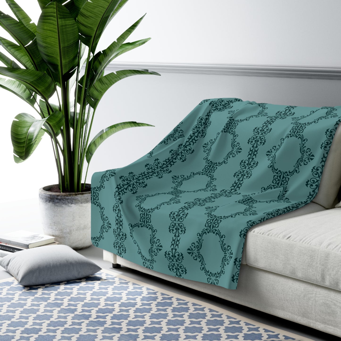 Teal Lace Pattern Sherpa Fleece Blanket