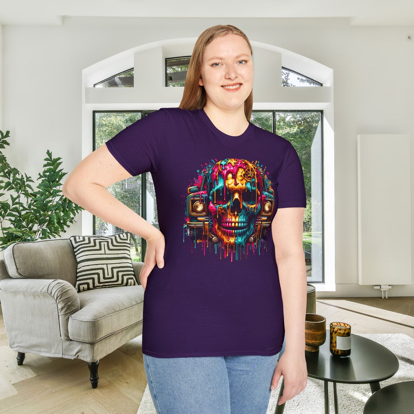 Colorful Skull & Car Adult T-shirt