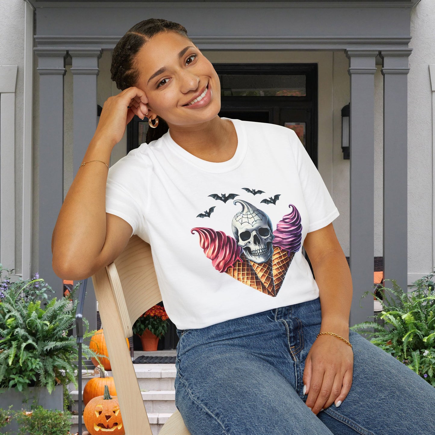 Cute Ice Cream Cone Skull w/Bats Adult T-shirt