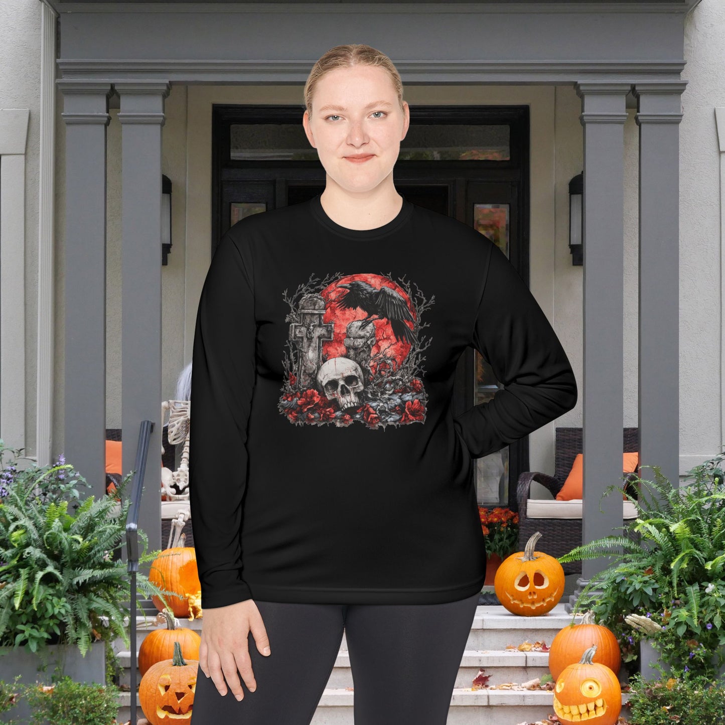 Halloween Graveyard w/Skull Adult Long Sleeve Tee