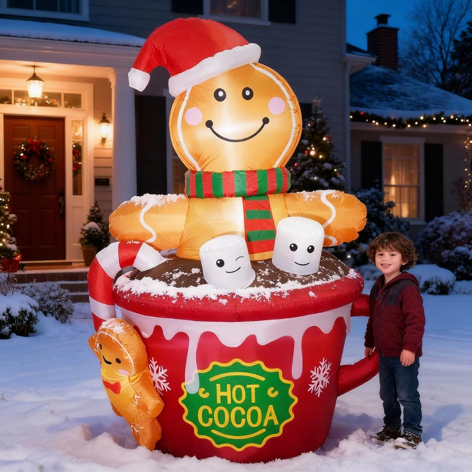 6 FT Lighted Gingerbread Man in Hot Cocoa Mug Christmas Inflatable ...
