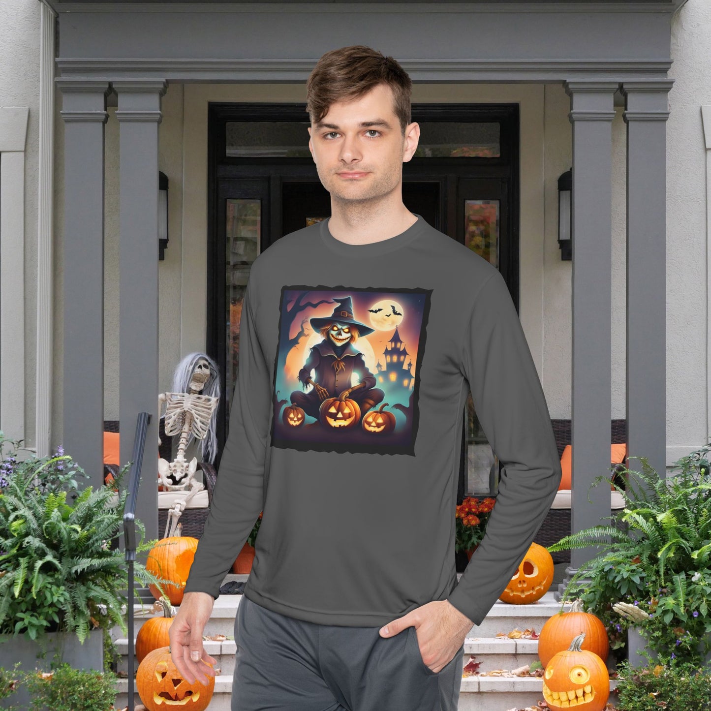 Halloween Scarecrow w/Pumpkins Adult Long Sleeve Tee
