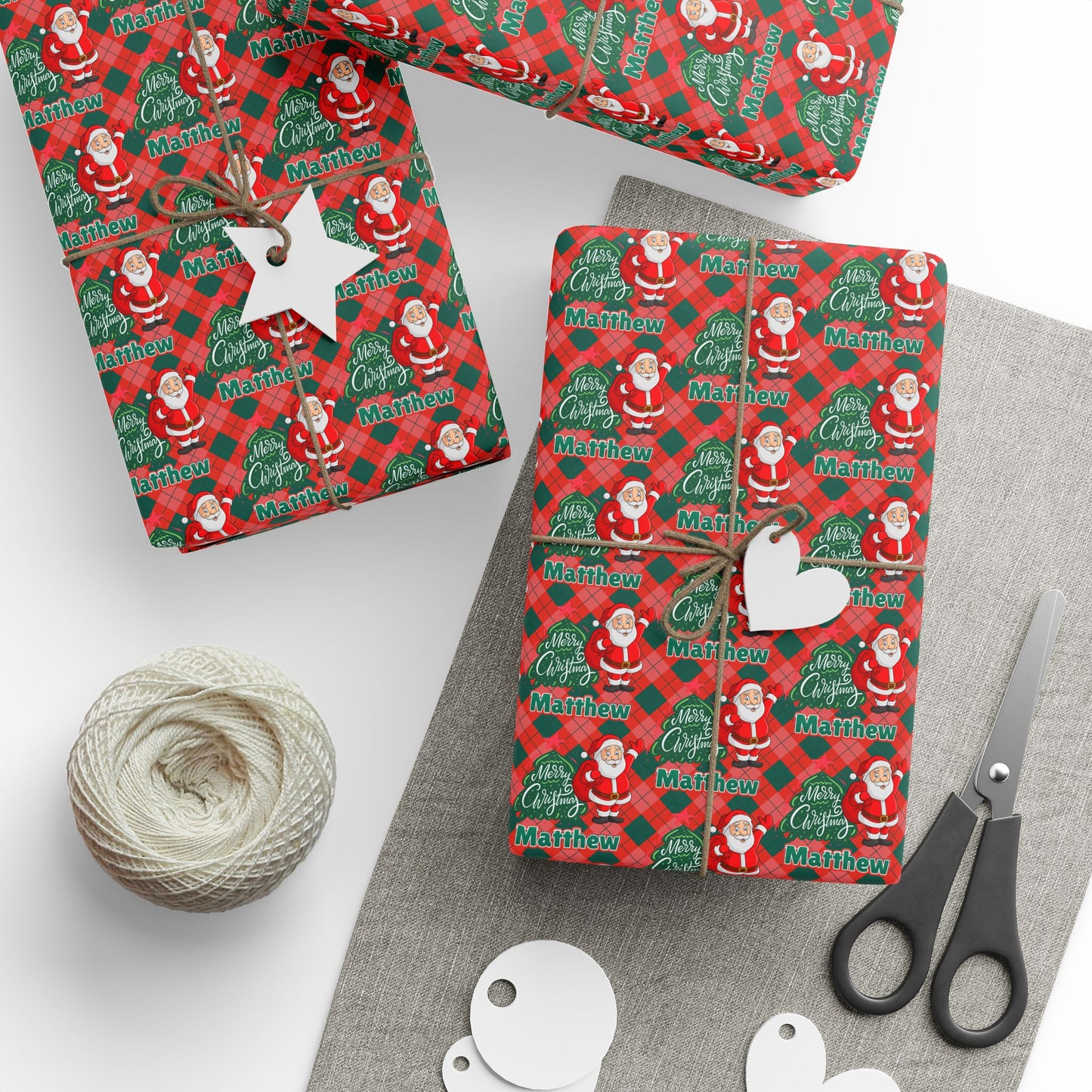 Red/Green Plaid Santa & Tree Custom Name Wrapping Paper (Matthew)