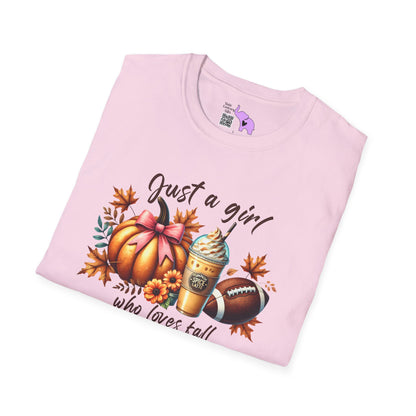 Just A Girl Who Loves Fall Pumpkin/Frappuccino/Football Adult T-shirt