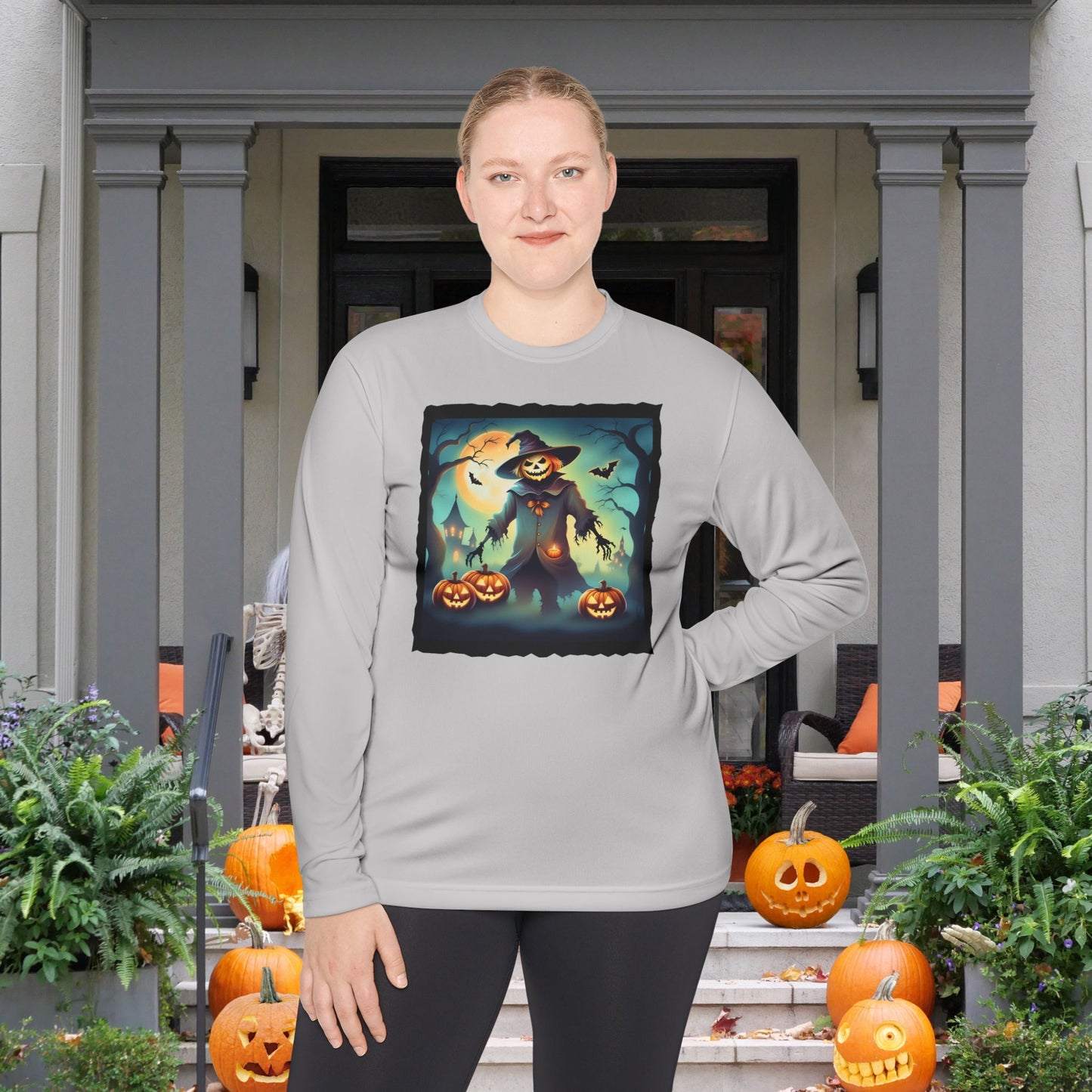 Halloween Scarecrow w/Pumpkins 3 Adult Long Sleeve Tee