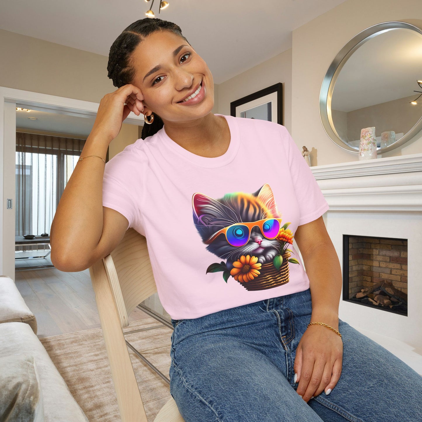 Cool Colorful Kitten in Flowers Adult T-shirt