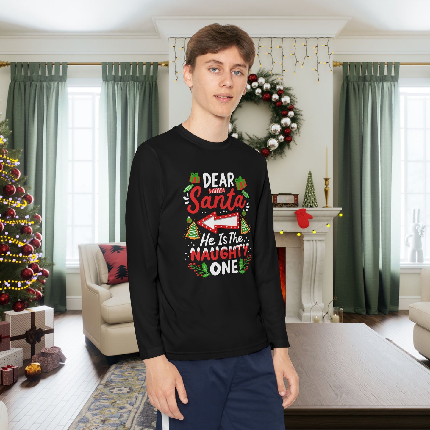 Dear Santa He's The Naughty One Youth Long Sleeve Tee