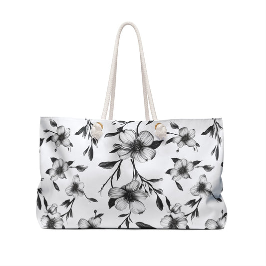Black & White Five Petal Floral Weekender Bag