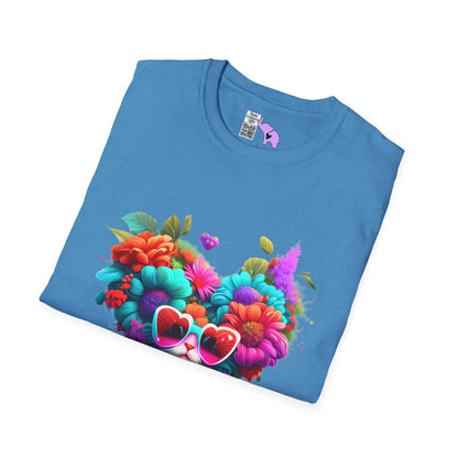 Colorful Flowers/Heart Kitten Adult T-shirt
