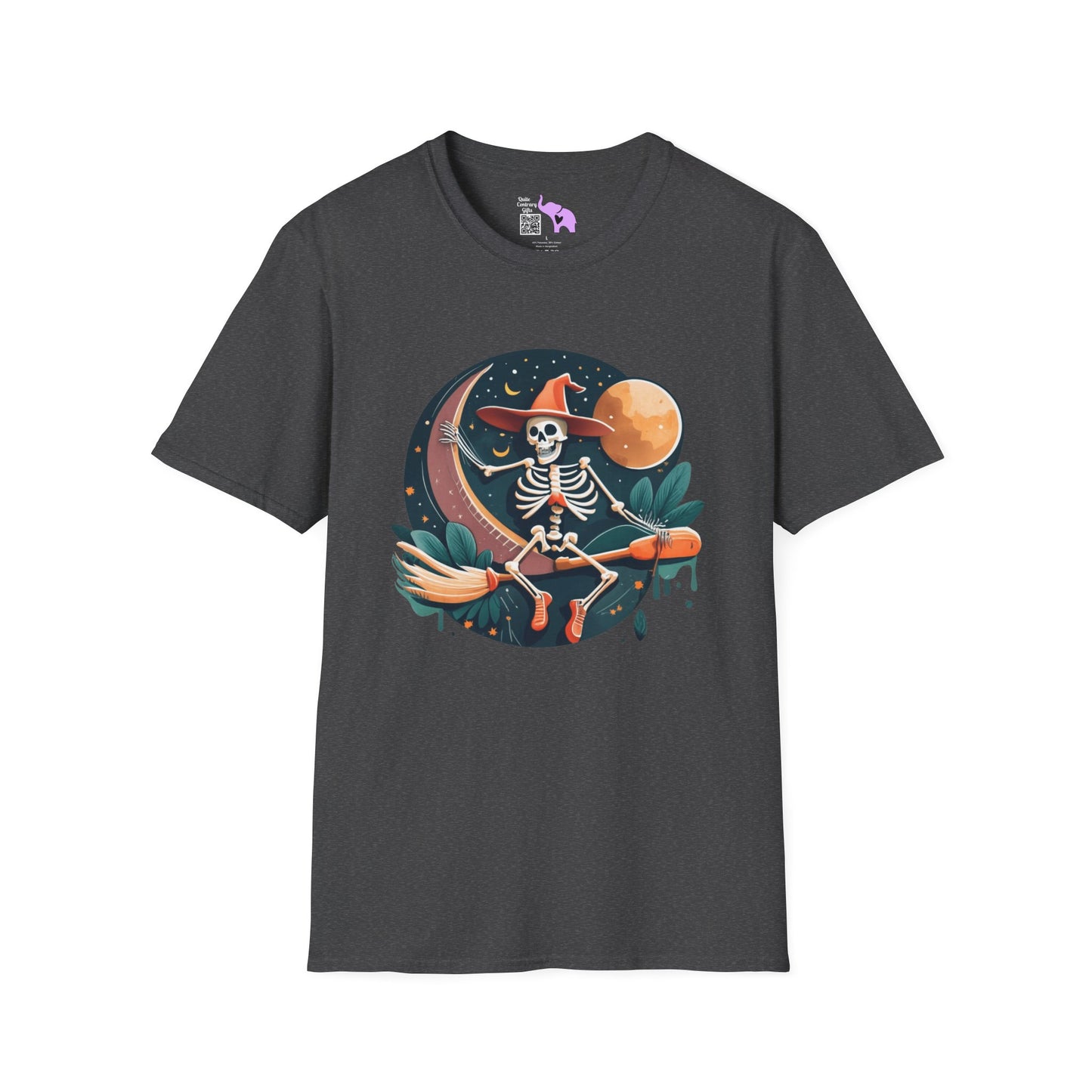 Skeleton Over Moon On Broomstick Adult T-shirt