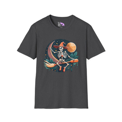 Skeleton Over Moon On Broomstick Adult T-shirt