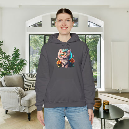 Cute Colorful Kitten in Flowers 3 Heavy Blend™ Hooded Sweatshirt