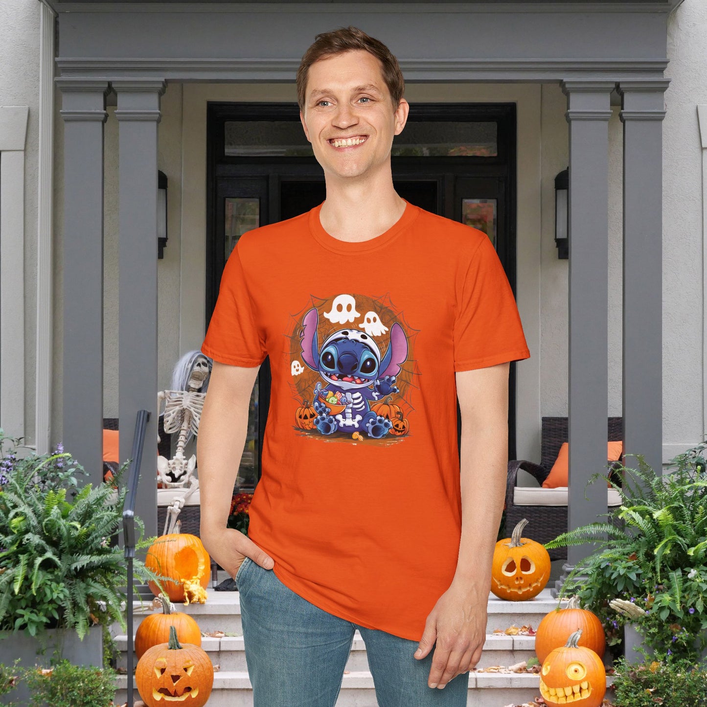Halloween Skeleton Stitch w/Ghosts & Pumpkins Adult T-shirt