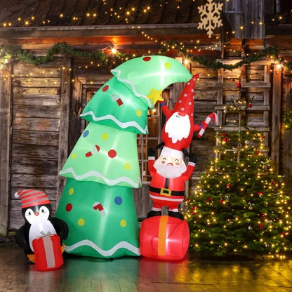 Topsy-Turvy Christmas Tree with Gnome, Santa & Penguin LED Inflatable