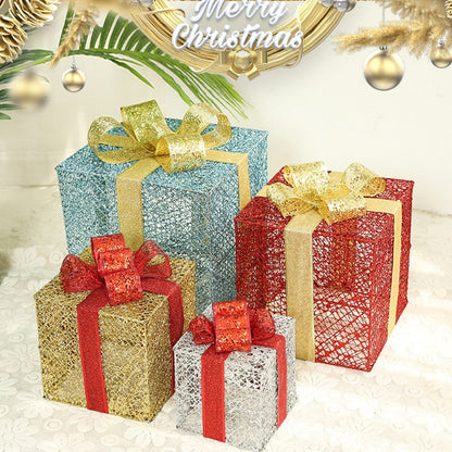 Lighted Metal Gift Box Sets of 3 – LED Christmas Decorations in Gold, Red, Blue & Silver