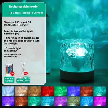 Water Ripple LED Table Lamp – Rechargeable Touch Control Crystal Projection Night Light with Remote