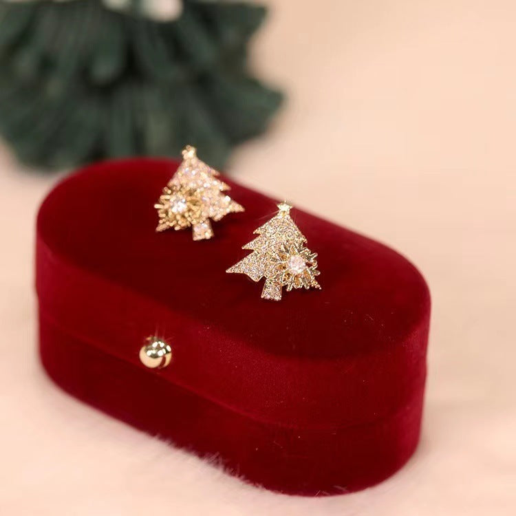 Rhinestone Christmas Tree Earrings with Spinning Snowflakes – Gold or Silver