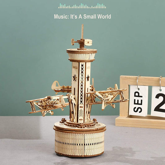 Flying Airplane Tower 3D DIY Wooden Puzzle Music Box