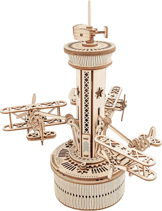 Flying Airplane Tower 3D DIY Wooden Puzzle Music Box