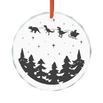 Santa Sleigh with Dinosaurs Silhouette Glass Ornament