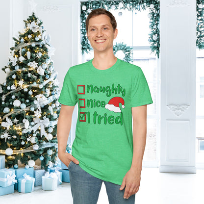 Naughty; Nice; I Tried Crew Adult T-shirt