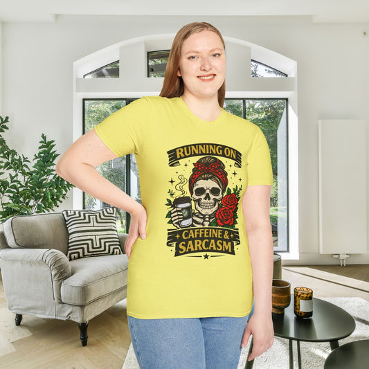 Running on Caffeine and Sarcasm (Roses) Adult T-shirt