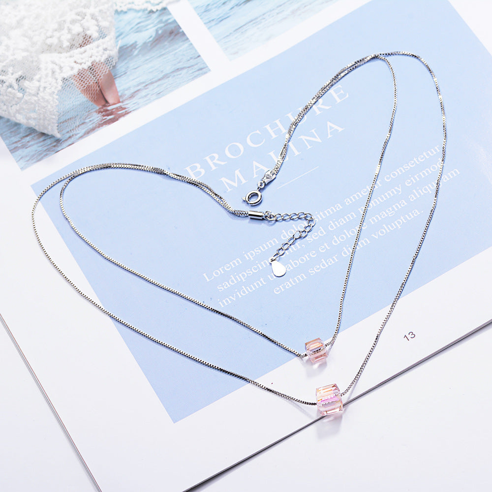 Sugar Cube Crystal Pendant Double Chain Necklace (Pink or Blue)