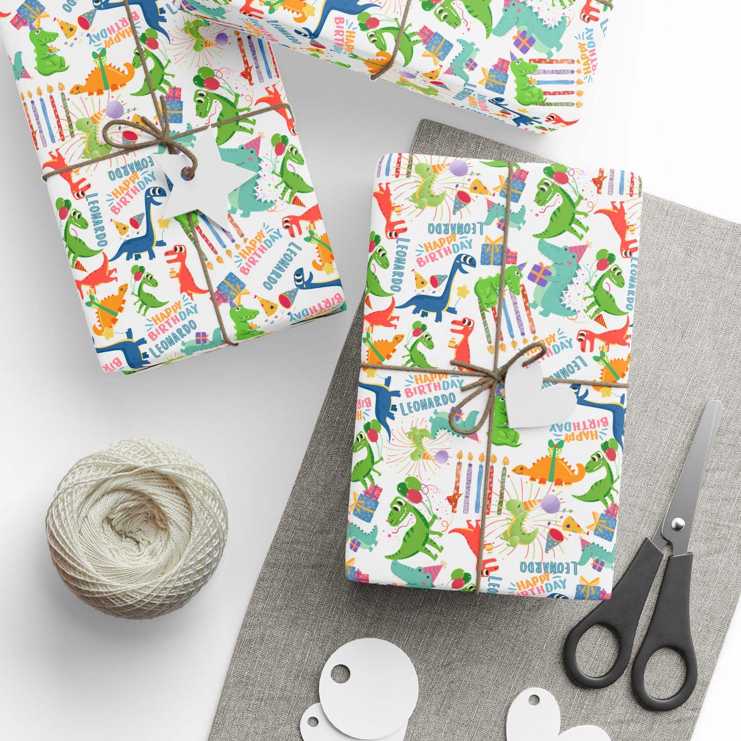 Birthday Dinosaur (White) Custom Name Wrapping Paper (Leonardo)