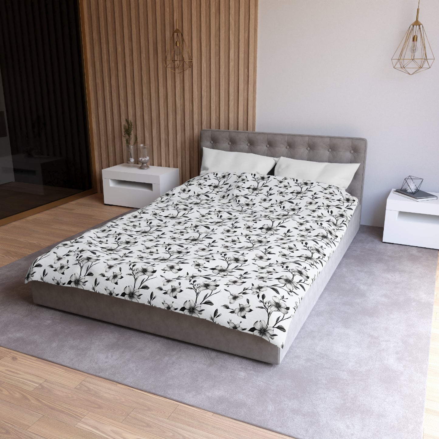 Black & White Five Petal Floral Duvet Bedding Set