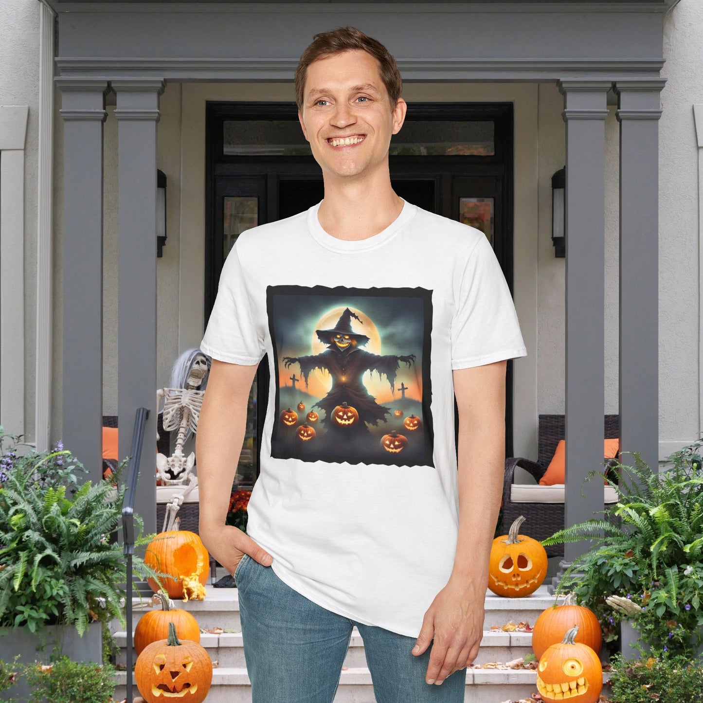 Halloween Scarecrow w/Pumpkins 2 Adult T-shirt