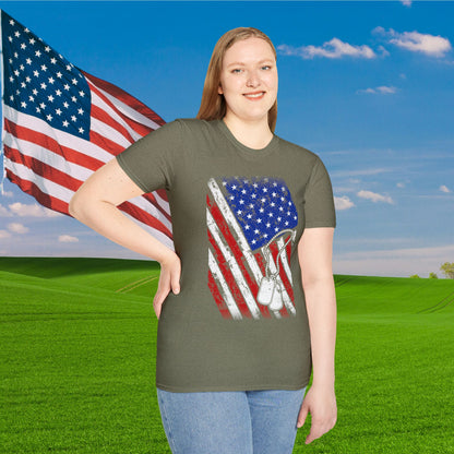 Distressed American Flag w/Dog Tags Adult T-Shirt