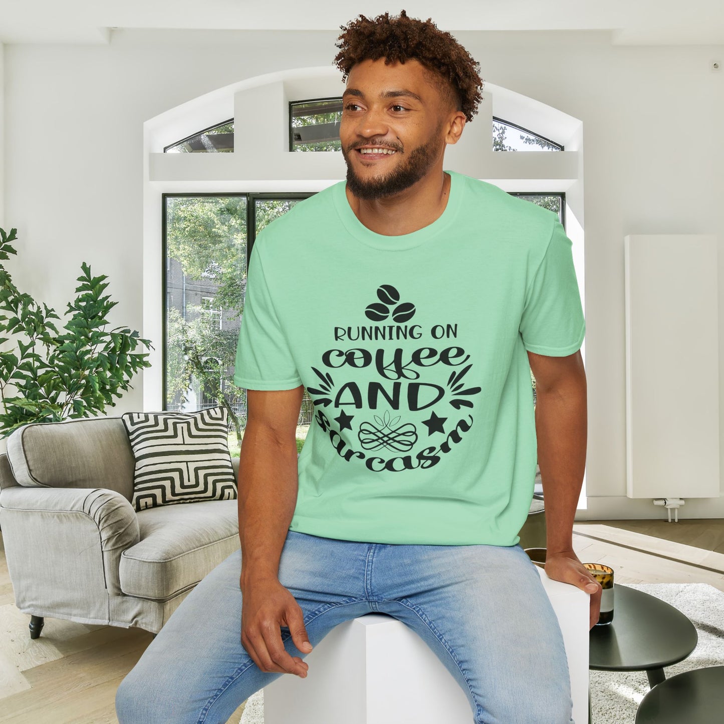 Running On Coffee And Sarcasm Adult T-shirt