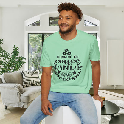 Running On Coffee And Sarcasm Adult T-shirt