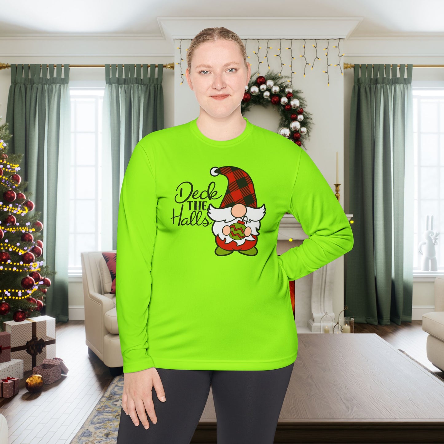 Deck the Halls Plaid Gnome Adult Long Sleeve Tee