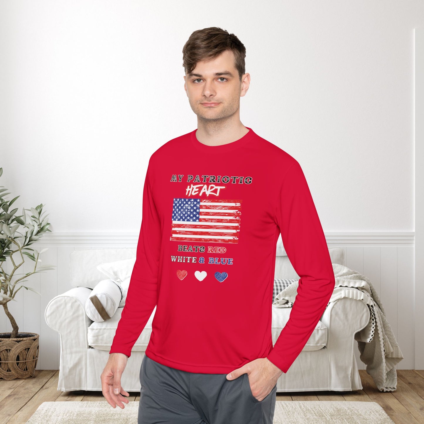My Patriotic Heart Beats Red White and Blue Adult Long Sleeve Tee
