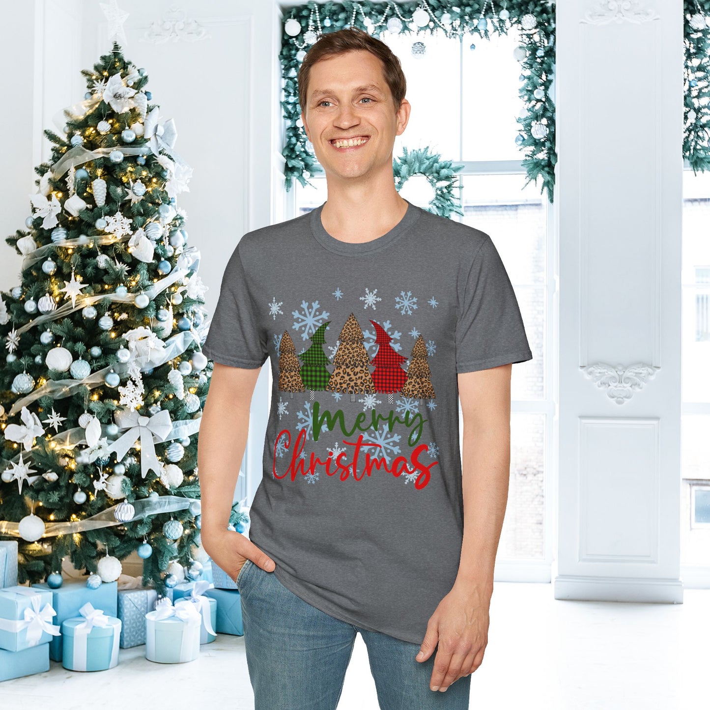 Checkered Print Trees Merry Christmas Adult T-shirt