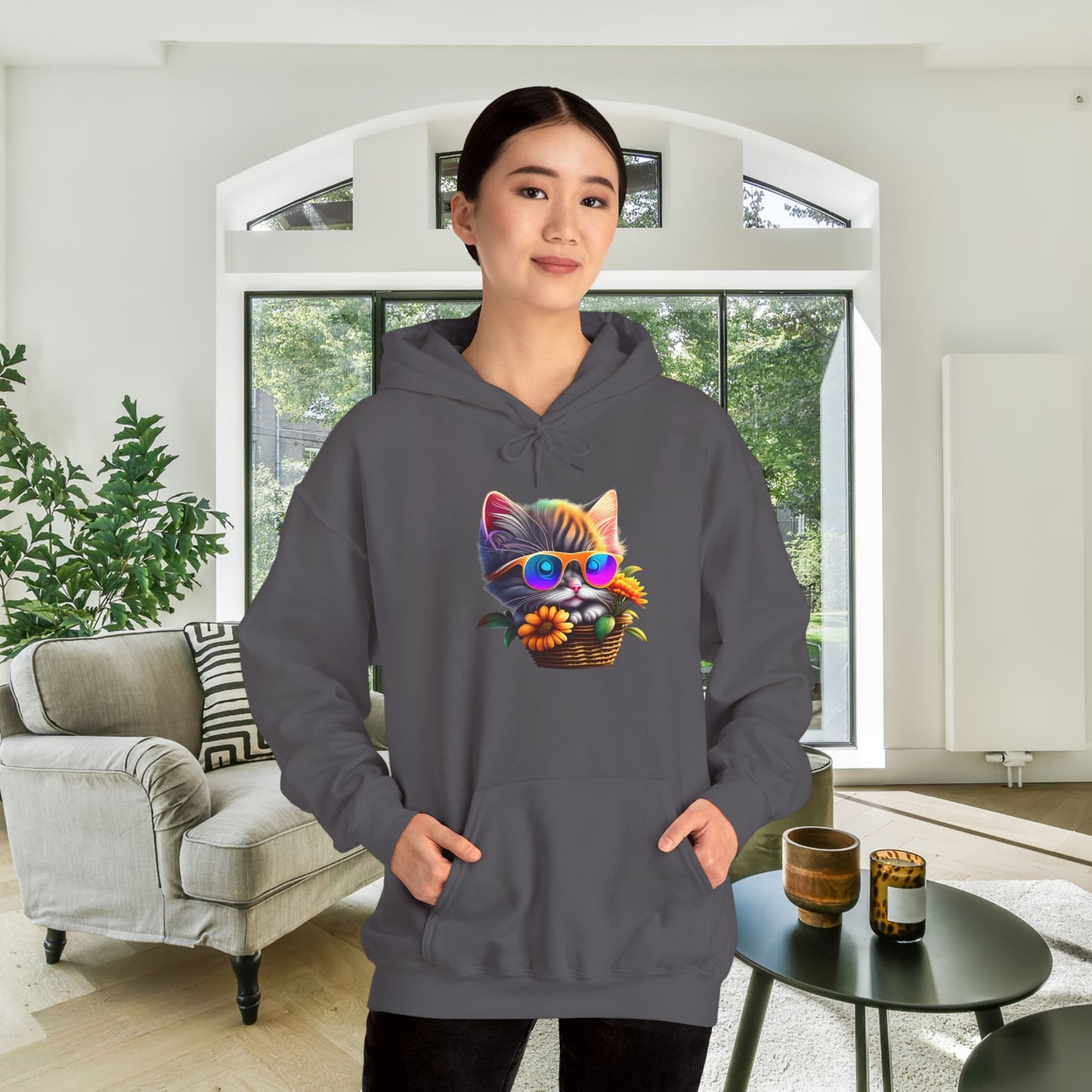 Cool Colorful Kitten in Flowers Heavy Blend™ Hooded Sweatshirt