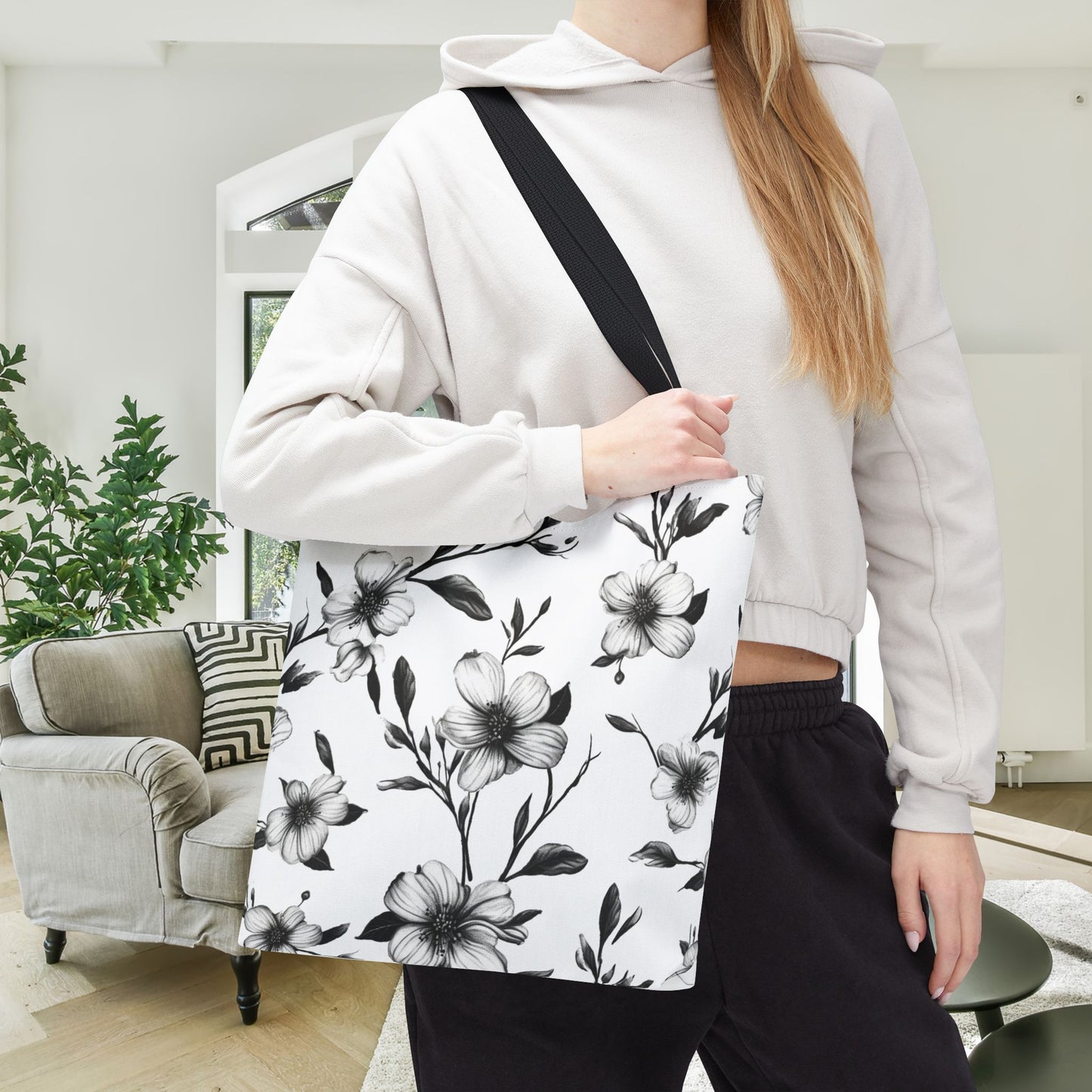 Black & White Five Petal Floral Canvas Tote Bag