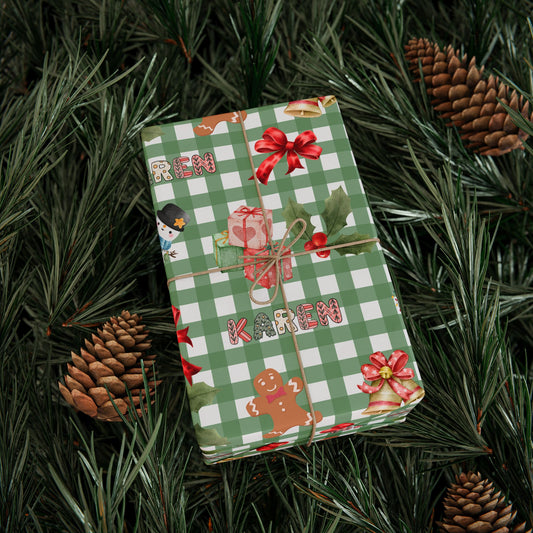 Green Checkered Christmas Custom Wrapping Paper (Karen)